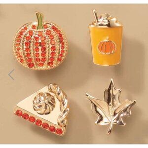 Set Of 4 Fall-Themed Enamel & Rhinestone Pins Pumpkin Pie Leaf & Coffee Design